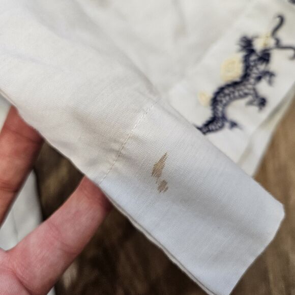 Vtg Chinese Kimono Top Womens L Blue Embroidered Dragons Pockets Short Sleeve - Picture 4 of 10